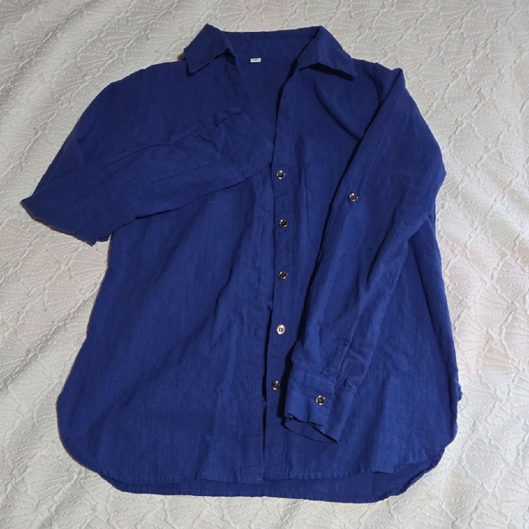 Boxy Blue Button Down Blouse with Notched Collar - Picture 1 of 5